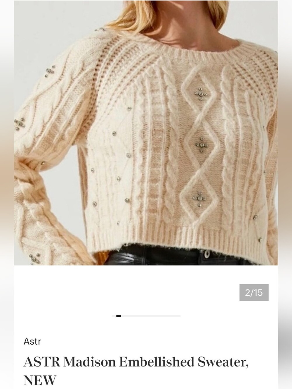 Astr Cream Embellished Cable Knit Cropped Sweater